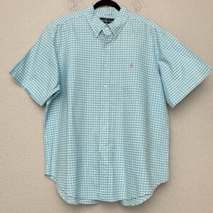 Ralph Lauren Shirt XXL Blue White Plaid Check Print Classic Fit Short Sleeve